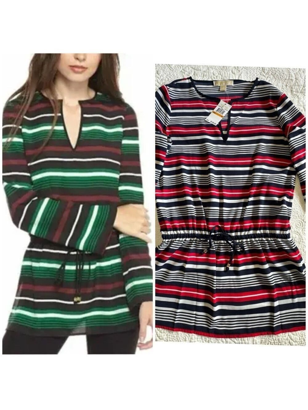 Michael Kors New! Women's Striped Drawstring Top Blouse Tunic Small